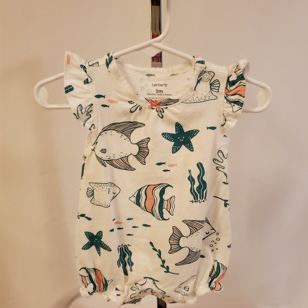 Onesie, 3-Month, Romper, White and Blue fish pattern (Carter's)
